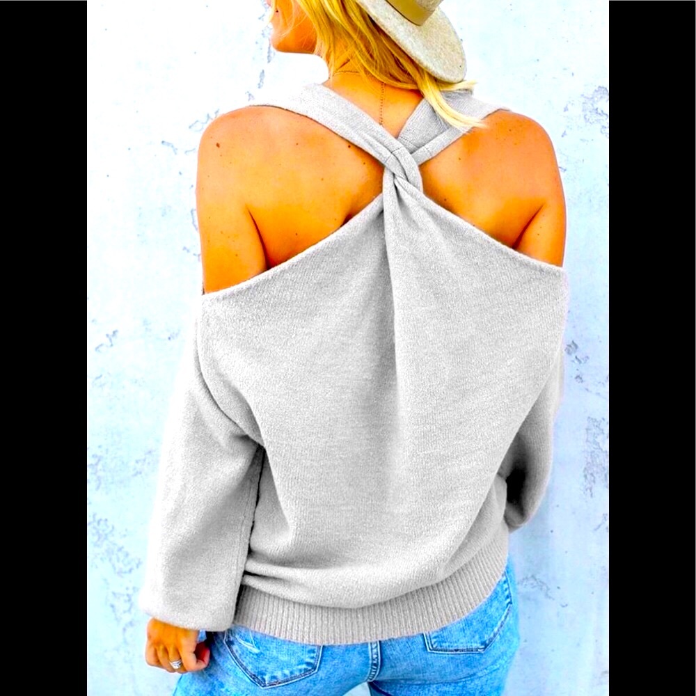 ❌LAST 1❌V-Neck Cross-Straps Loose Grey Sweater - Picture 2 of 6